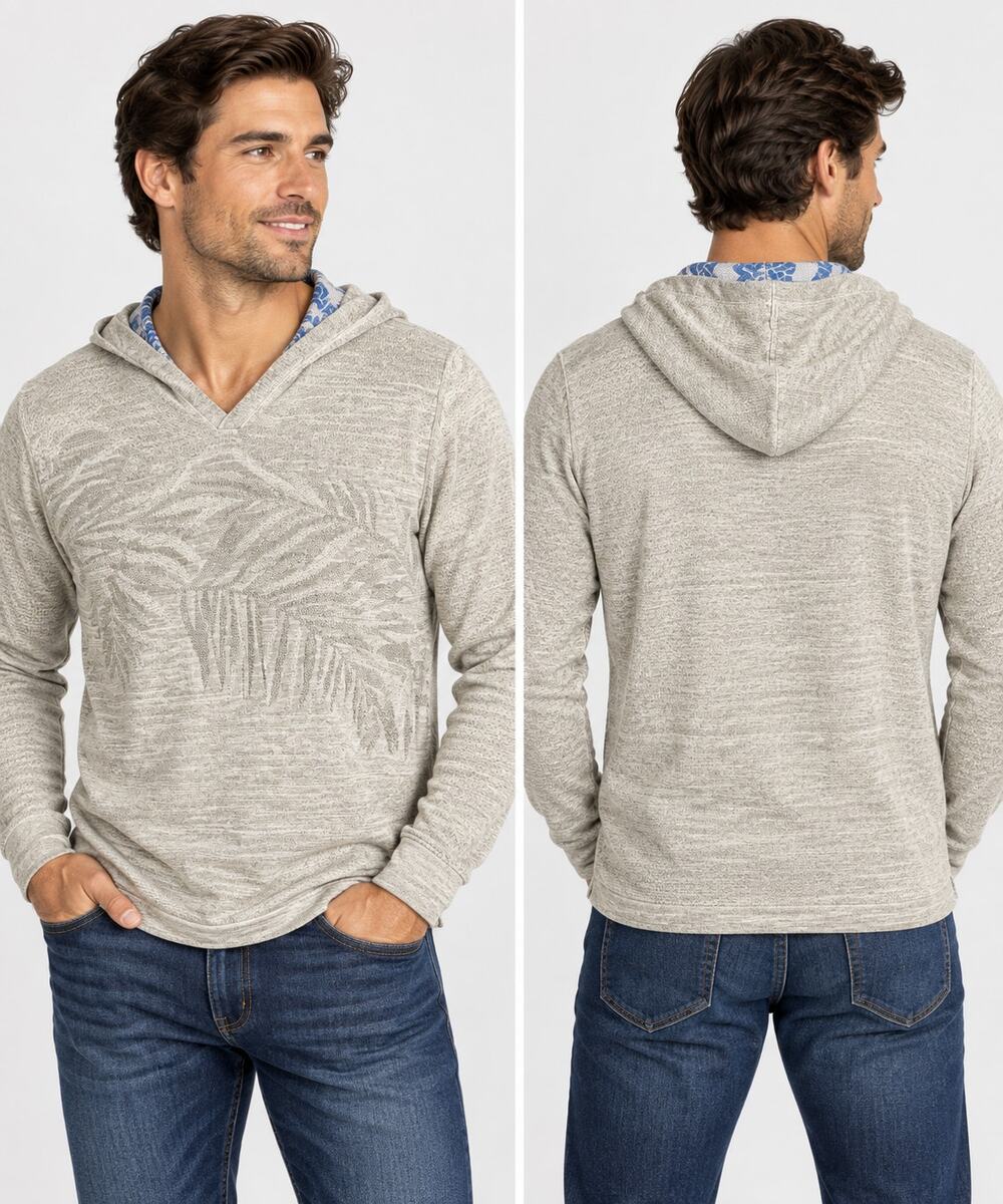 Tommy Bahama Palmetto Hooded Popover Men's L Gray Cotton Linen Palm Hoodie